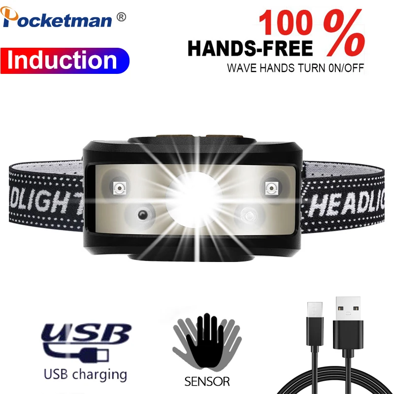 Silný Svetlomet 8000 Lúmenov USB Nabíjateľné Svetlometu Nepremokavé svetlomety Senzor Pre Kempovanie, rybárčenie, Domov