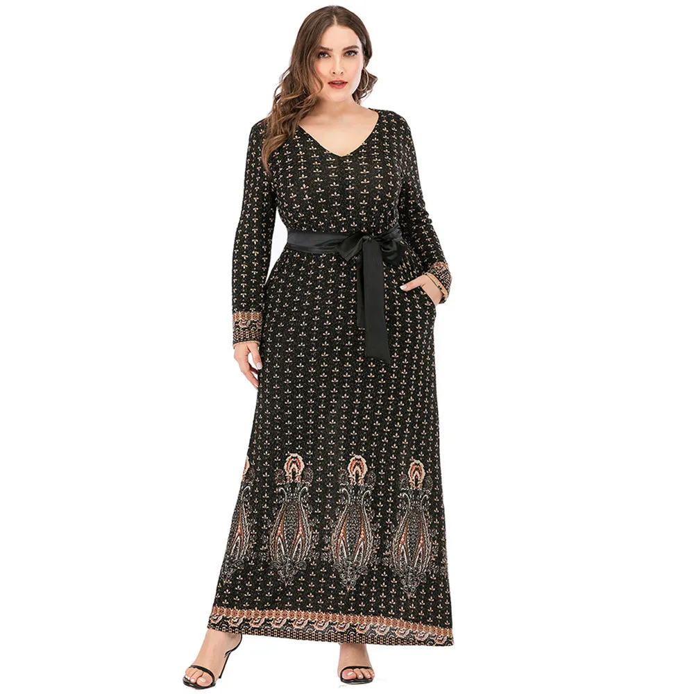 Siskakia Jeseň 2020 Nové Maxi Šaty pre Ženy, Plus Veľkosť Pletené tvaru dlhé rukávy Vintage Etnických Tlačené Šaty Black-Belted