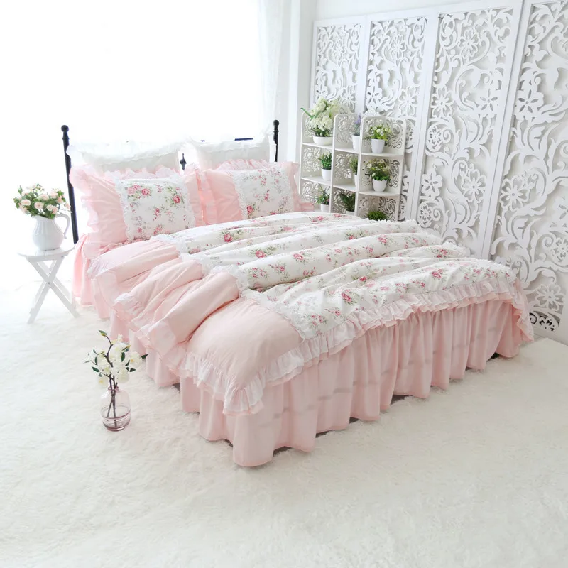 Sladká princezná posteľná bielizeň nastaviť Ťažké vrások ručné prehrabať čipky spájať obliečky kryt ružový pastoračnej king size prehoz cez posteľ HM-22F