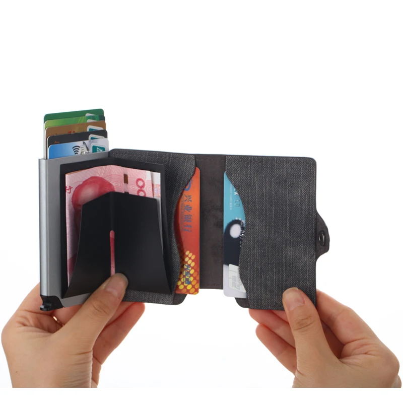 Slim Denim Kreditnej Karty Držiteľ Peňaženka s RFID Blokovanie Hliníkové Minimalizmus Mini Kovové Džínsy Kožené Kabelky Karty Prípade Peňaženky