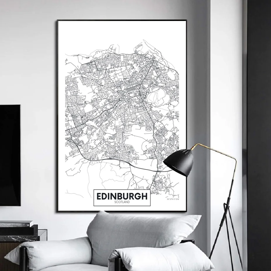 Slávny Mape Mesta Škótska Edinburghu Tlač Plátno na Maľovanie na Stenu Umenie Fotografie Čierna Biela Plagáty a Vytlačí Obývacia Izba Domova