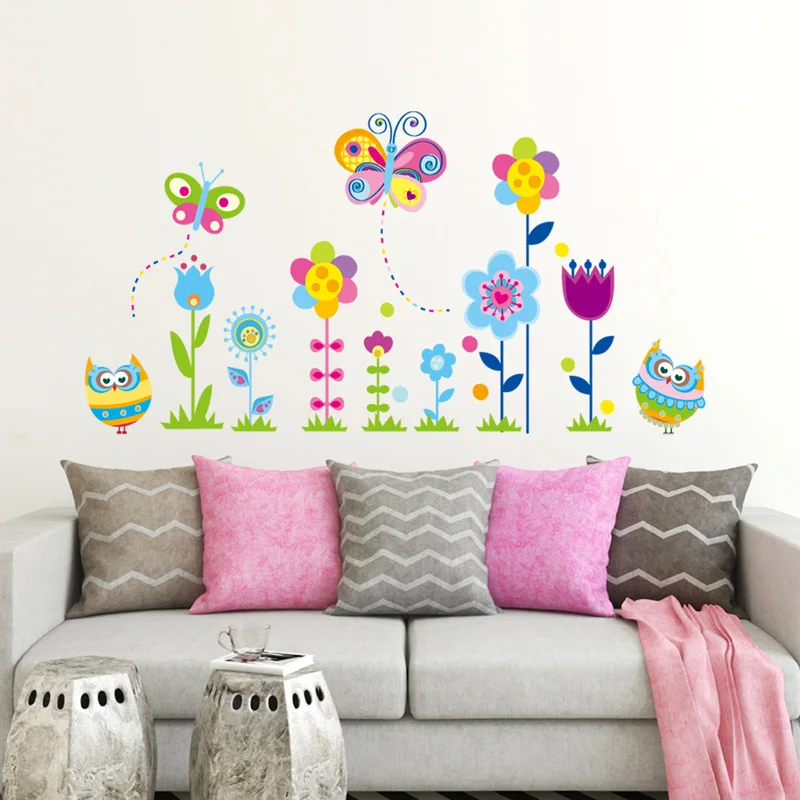 Soklové lišty Farebné kvety sova motýľ Samolepky na Stenu Vymeniteľné Obývacej izby, Spálne dekorácie, Nástenné Odtlačkový domova nálepky