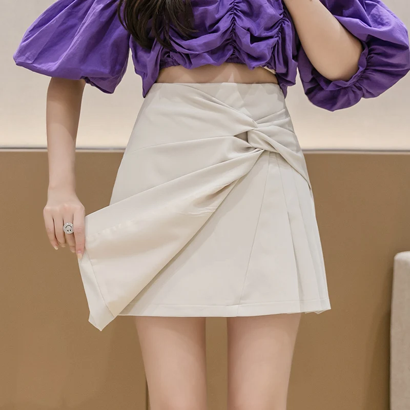Streetwear študent skladaný mini sukne lete nepravidelný žena krátke sukne twist vysoký pás riadok štrbinou patchwork sukne dámske