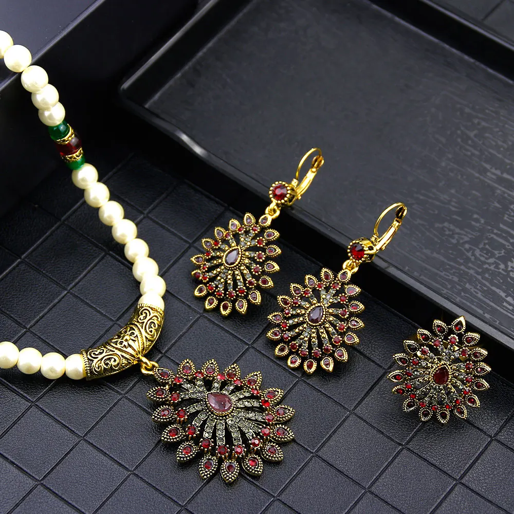 Sunspicems 2021 Alžírskej Korálkové Svadobné Šperky Set pre Ženy, Afriky Kvetinový Náušnice, Náhrdelník Krúžok Starožitné Zlata Farba bijoux