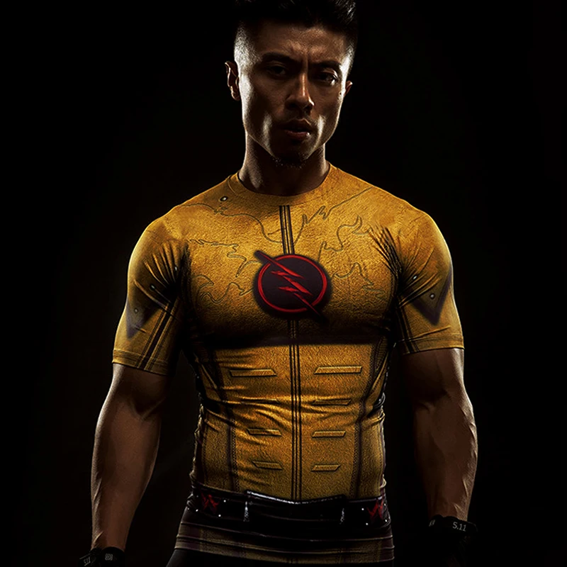 Superhrdina krátke rukávy T-shirt letné módne športové fitness rýchle suché tesné tričko žlté flash cosplayt-shirt