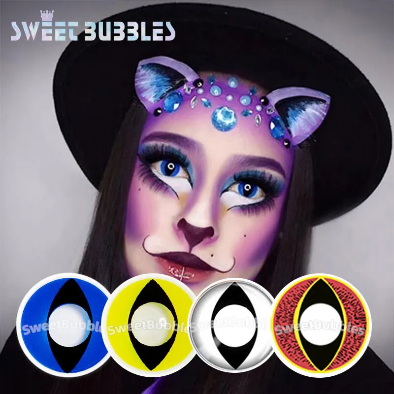 SweetBubbles Cat Eye Halloween Kontaktné Šošovky Biela Modrá Žltá Červená Farba Očí Objektív 2 ks/pár