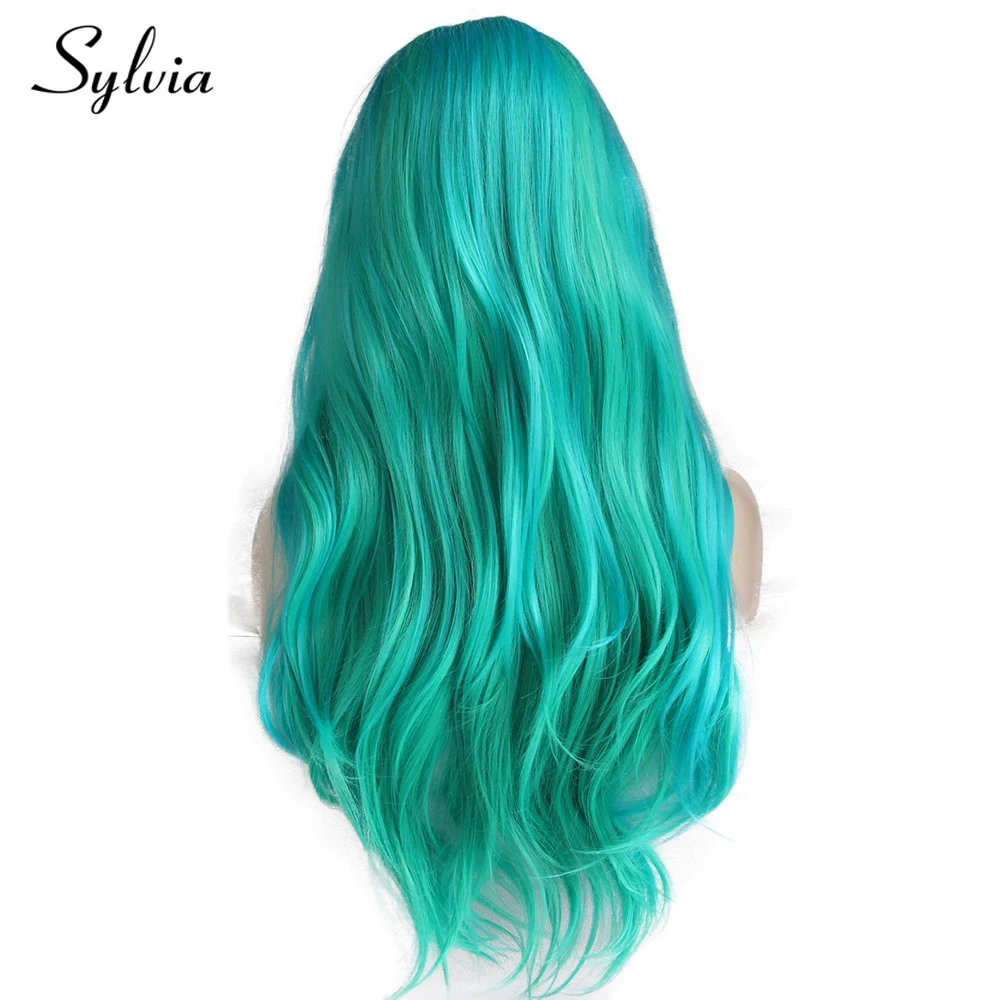 Sylvia Modrá Zeleným Prírodné Vlny Syntetické Parochne Čipky Front Uprostred Lúčenie 180% Hustota Tepelne Odolných Vlákien Vlasy pre Ženy