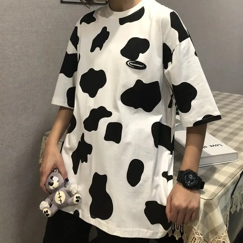 T-košele Ženy kórejský Elegantné Krava Dot Tlače Harajuku Voľný čas All-zápas Školáčky T Shirt Ulici Nadrozmerná Módne Dámske Topy Čaj