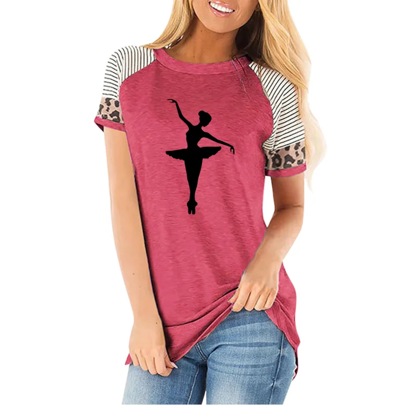 Tanečník Tancuje Balet Print T Shirt Lete žien okolo krku prekladané leopardí vzor Bavlna krátky rukáv T-shirt pre ženy