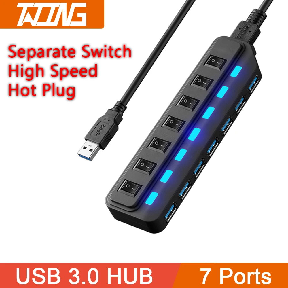 TATING USB 3.0 HUB, Multi USB Rozbočovač 7 Port Expander Viacerých USB 3 Obyv Používať Napájací Adaptér USB3.0 s Prepínačom Na PC