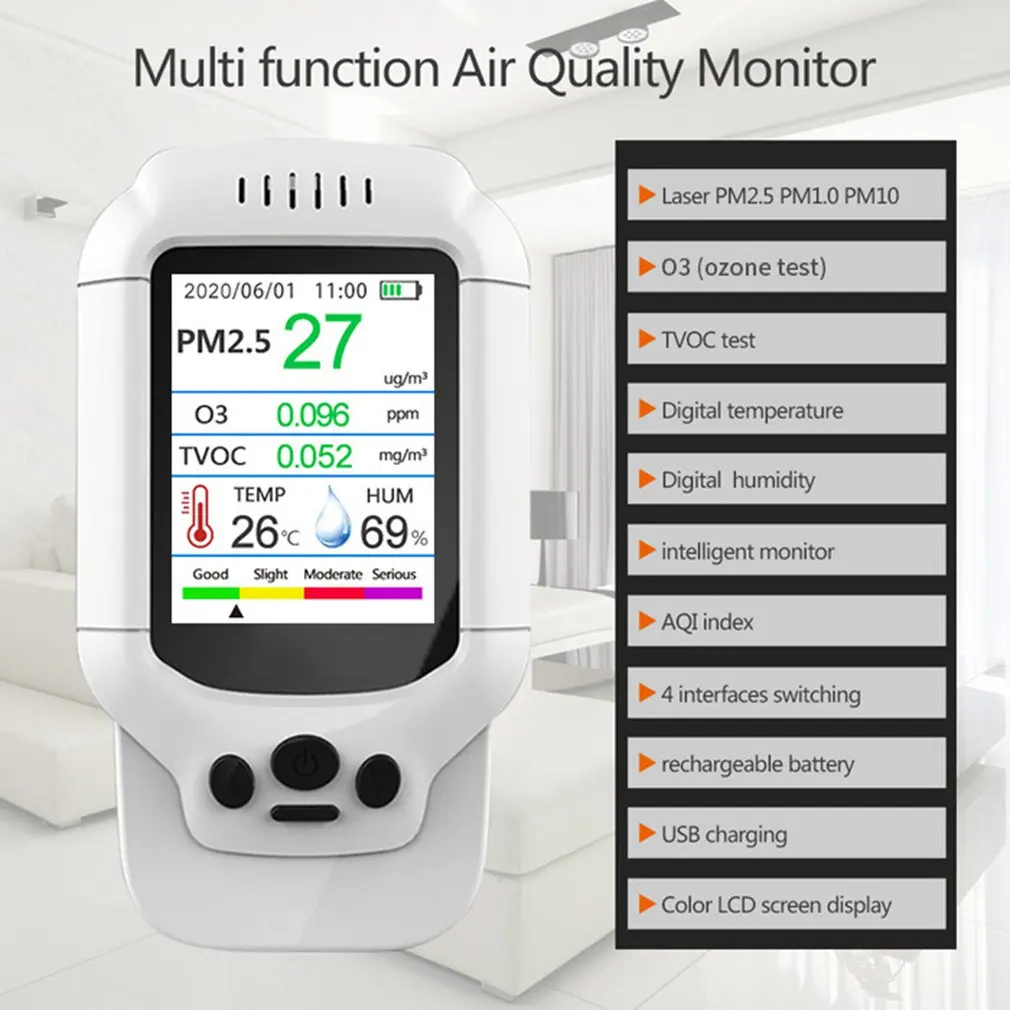 Tester Kvality Ovzdušia Monitor Plyn Analyzátor Ozónu Koncentrácia Detektor Po Dezinfekcii Tvoc Pm Prachu, Dymu, Snímač Prenosné