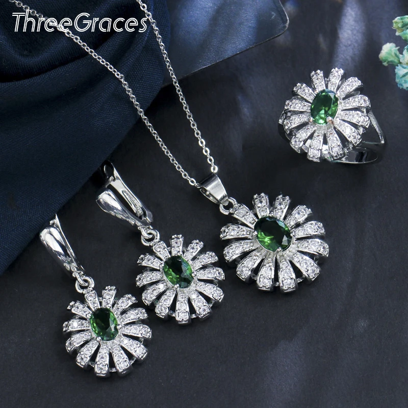 ThreeGraces Zelený Smaragd Cubic Zirconia Kamenný Kvet Náhrdelníky Náušnice a Prsteň 925 Sterling Silver Šperky pre Ženy JS500