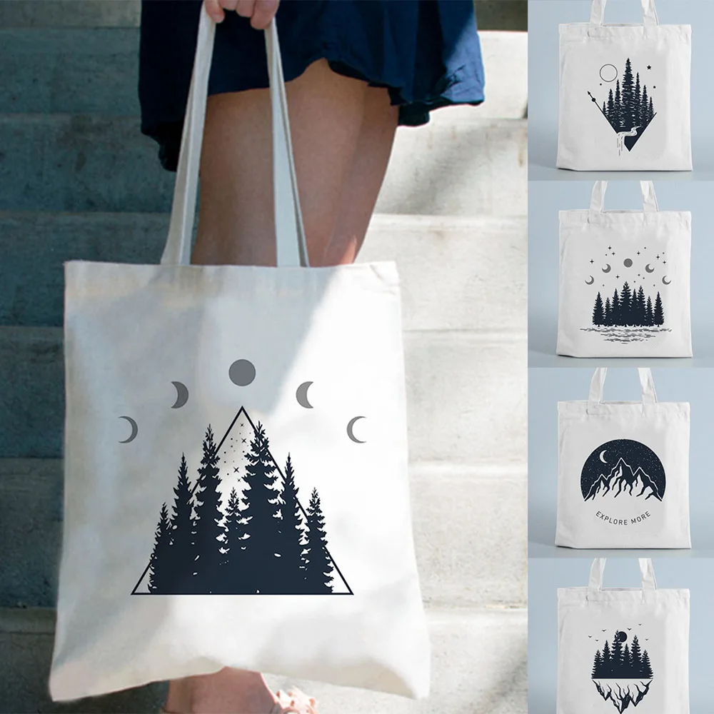 Tmavý Les Vytlačiť Plátno Nakupovanie Tote Bag Mountain Design Opakovane Shopper Ramenný Látkové Tašky Móda Cestovanie Knihy, Študentské Tašky
