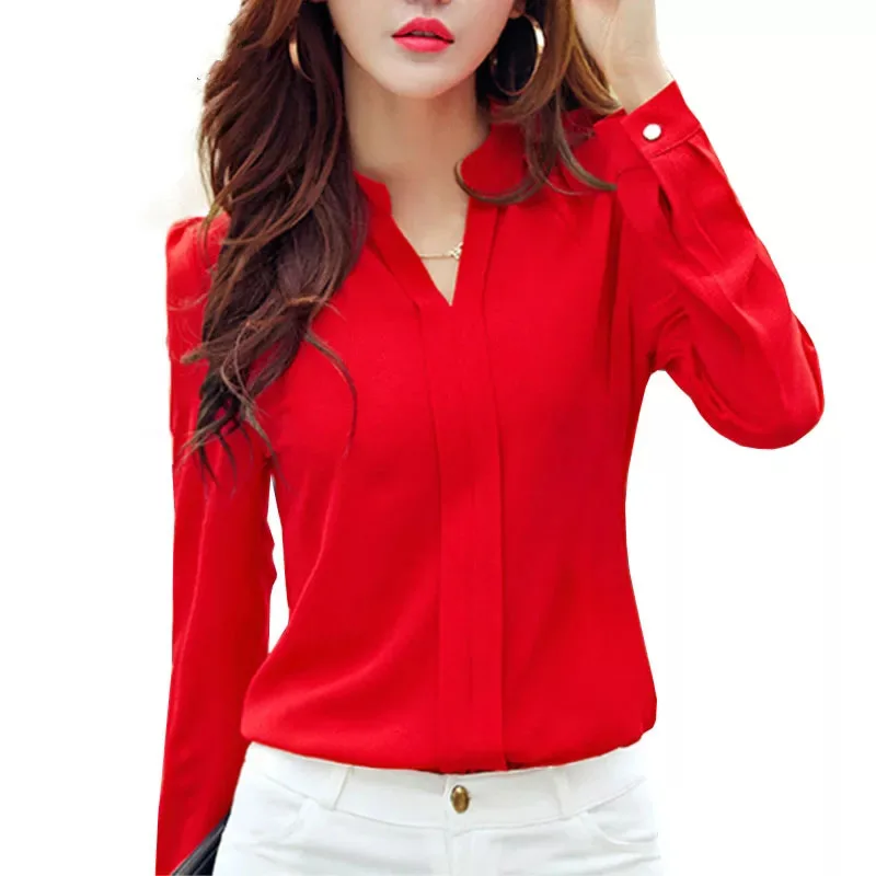 Tričko s dlhým Rukávom Ženy Jeseň Oblečenie Móda Slim Šifón Blúzka V Krku kórejský Elegantné Dámy Office Košele Biele Červené DF2324