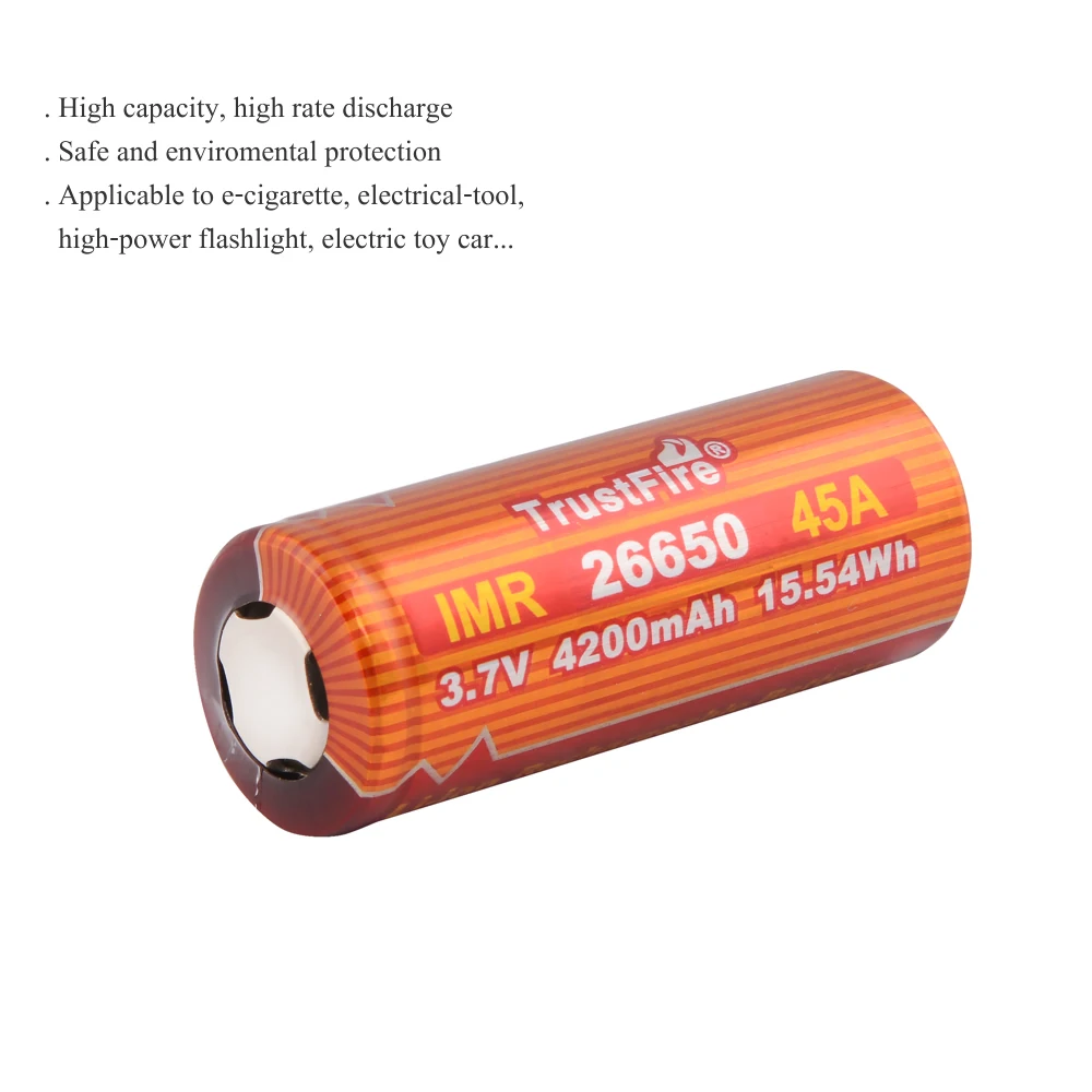 TrustFire IMR 26650 Batérie 4200mAh 3,7 V 45A 15.54 Wh High-Rýchlosť Nabíjateľné Lítiové Batérie pre E-cigarety na Baterky