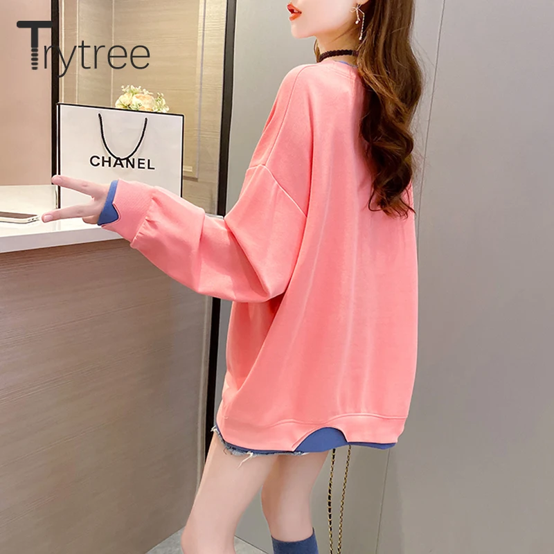 Trytree 2020 Jeseň Žena Bežné Topy pre ženy Nadrozmerná Vyšívanie Písmen Lístkového Rukáv Voľné Streetwear Mikina Ženy Top