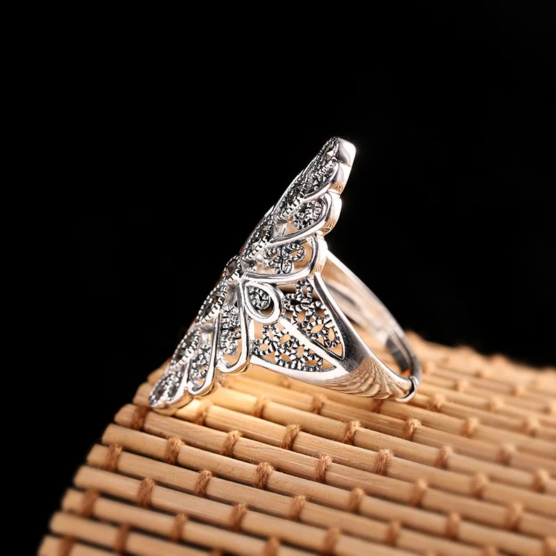 Uglyless Kosoštvorec Prehnané 33 MM Široký Prstene pre Ženy Duté Kvety Krúžky Thai Silver 925 Strieborný Etnických Šperky Osobné