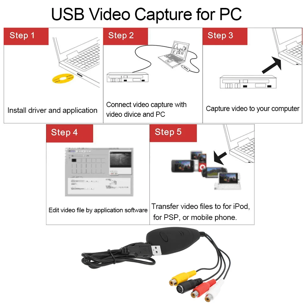 USB 2.0 Video Capture HD Video Converter Záznamník Prevod Analógového Videa Zvuku na Digitálny Formát pre systém Windows 7 8 10