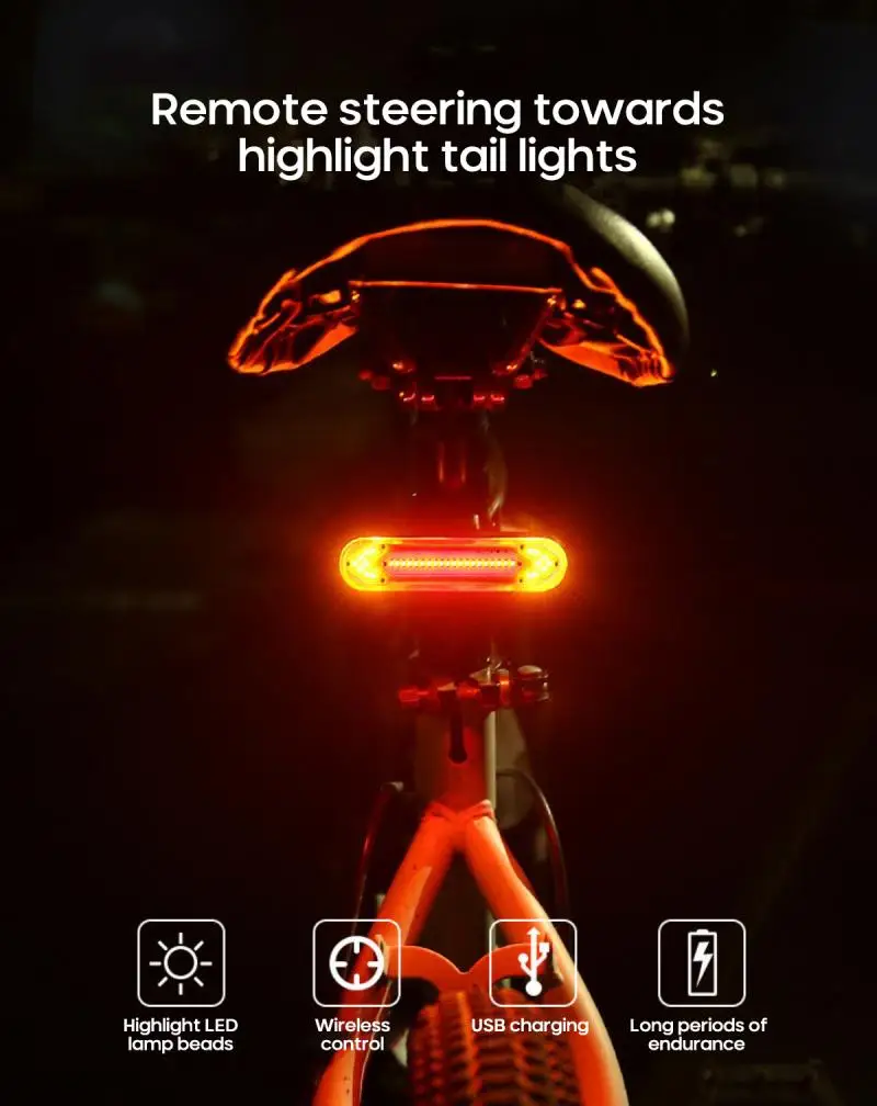 USB Nabíjateľné Bicykel zadné Svetlo LED Bezdrôtového Diaľkového Ovládania Otočte Signál Horský Bicykel Bezpečnostné Výstražné Svetlo Cyklistické Vybavenie