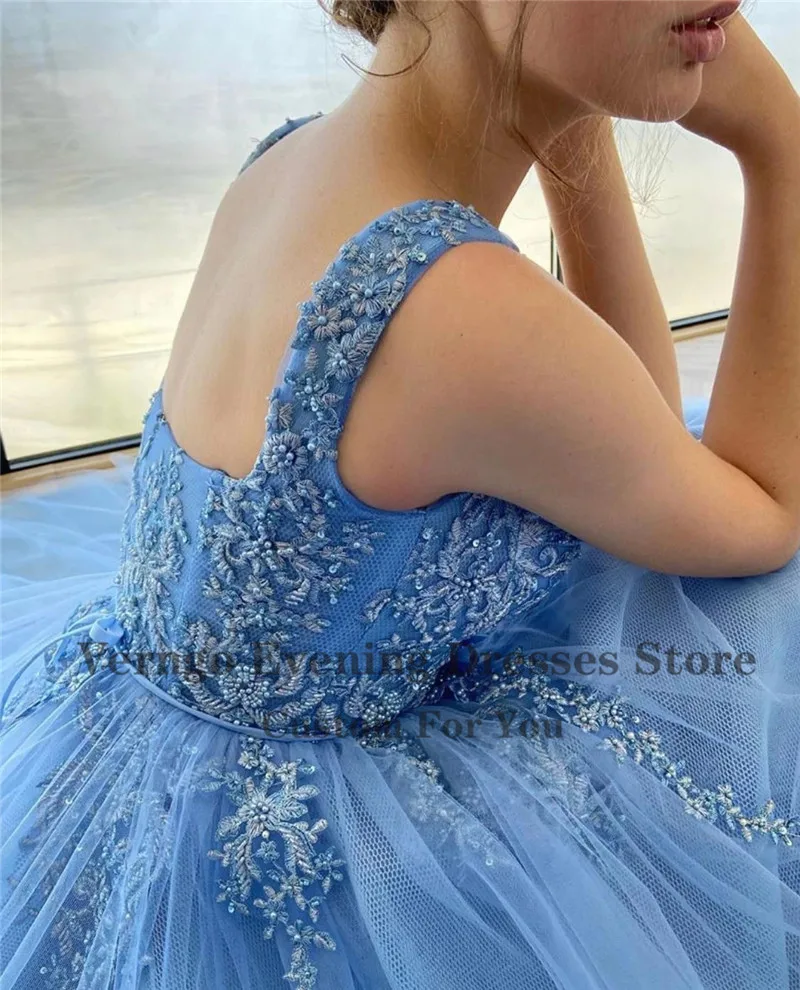 Verngo Vynikajúca 3D Kvety Modré Korálky Dlhé Šaty Ples 2021 Milú Tylu Luk Krídla Dĺžka Podlahy Večerné Šaty S Vreckami