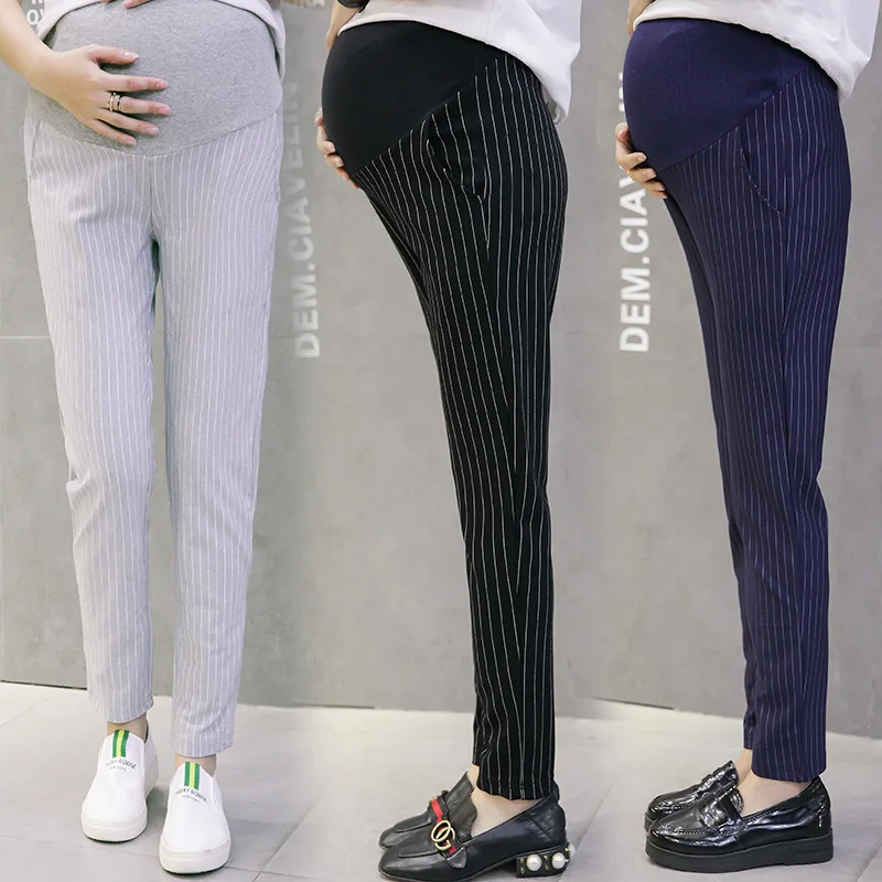 Vertikálne Pruhy Bavlna Brucho Materskej Nohavice Elastický Pás Ceruzka Nohavice, Oblečenie pre Tehotné Ženy, Tehotenstvo Nohavice