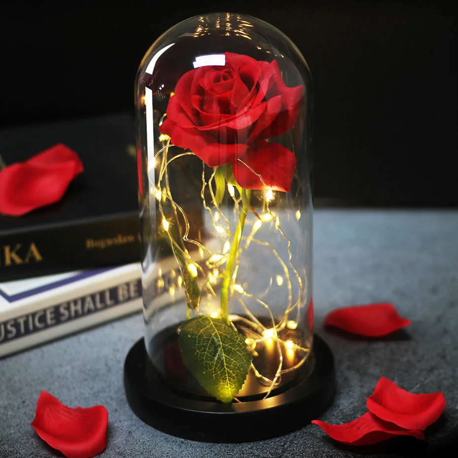 Večný Umelý Kvet Domova V Sklenený Kryt Kráska a Zviera Rose Lampa Narodeniny, Valentín súčasnosti Matka Dary