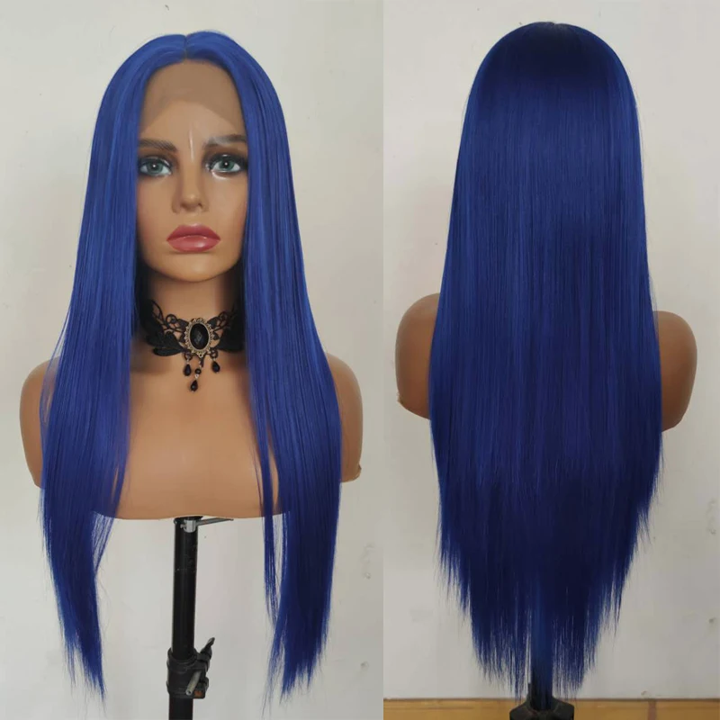 Veľkoobchod Lacné Prírodné dlhé rovné Modrá Syntetické Vlasy Predné Čipky Parochne Cosplay Vlasy Syntetické Parochne