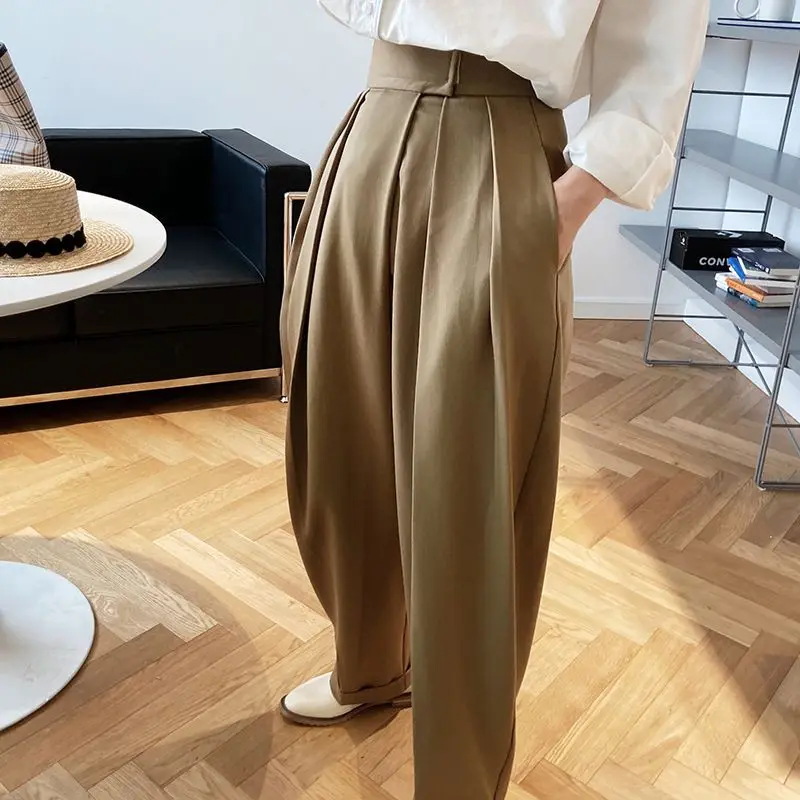 Vintage Brown Zahustiť Oblek Nohavice Pre Ženy Jeseň Zimné Móda Vysoký Pás Rovno Harajuku Hárem Nohavice 2020 Kórejské Oblečenie
