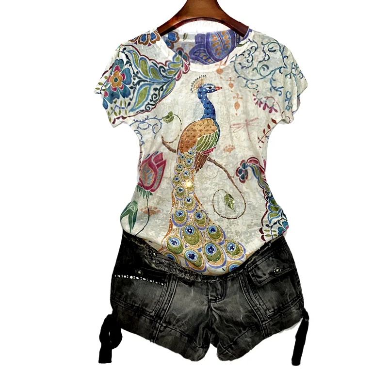 Vintage páva print t shirt ženy 4XL 2020 lete krátky rukáv grafické tees slim modis tshirt o-krku topy tee tričko femme
