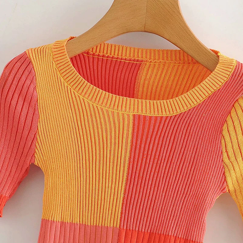 Vintage štýlové farebné štvorce, top crop sveter ženy 2020 módne o krk krátky rukáv vrchné oblečenie elegantné anglicko štýl topy