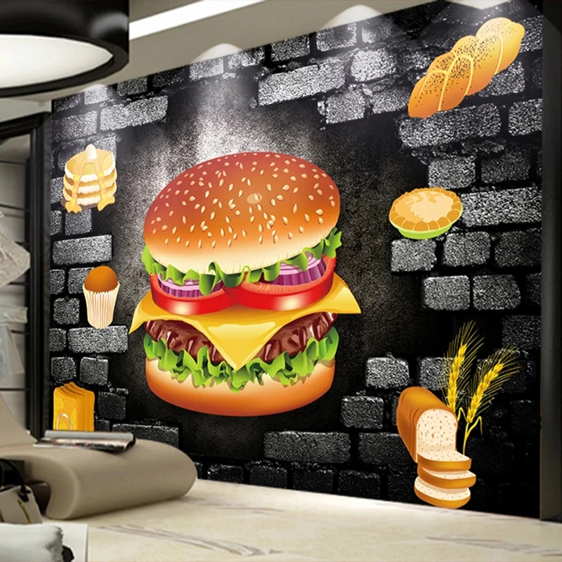 Vlastné Akejkoľvek Veľkosti nástennú maľbu, Tapety 3D Stereo Tehla Hamburg Pekáreň Fast Food Reštaurácia Pozadí Steny Výzdoba Steny Papier Na Stenu 3D