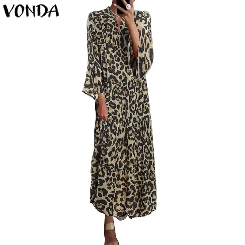 VONDA Letné Šaty 2021 Ženy Vintage 3/4 Rukáv Prehrabať Leopard Tlač Maxi Šaty Plus Veľkosť Sundress Príležitostné Voľné Vestidos S-5XL