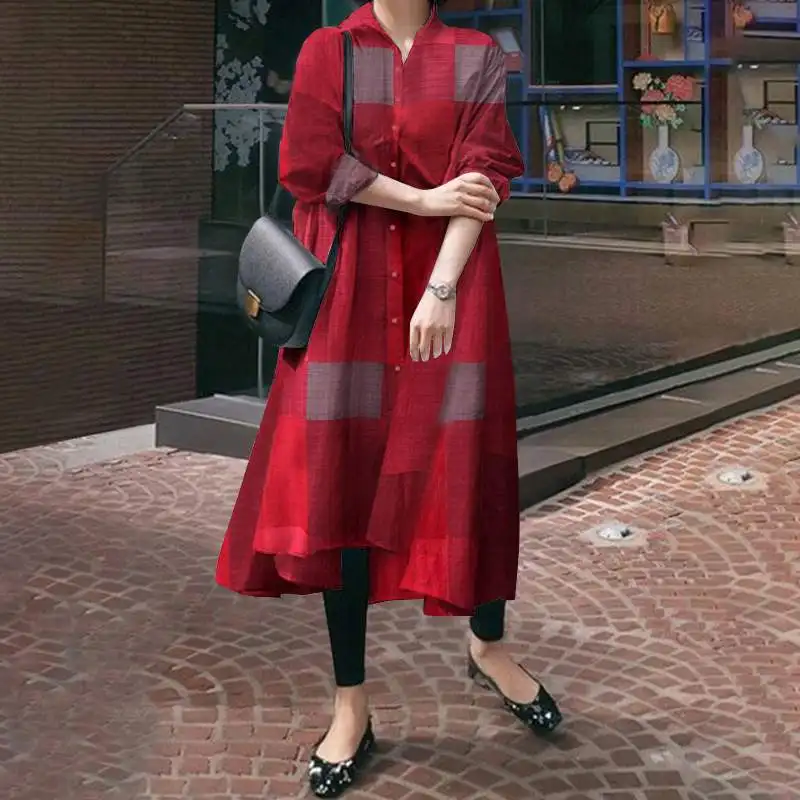VONDA Vintage Kockované Šaty Klope Dlhý Rukáv Sundress 2021 Jeseň Ženy Asymetrické Šaty Príležitostné Voľné Tlač Módne Vestidos