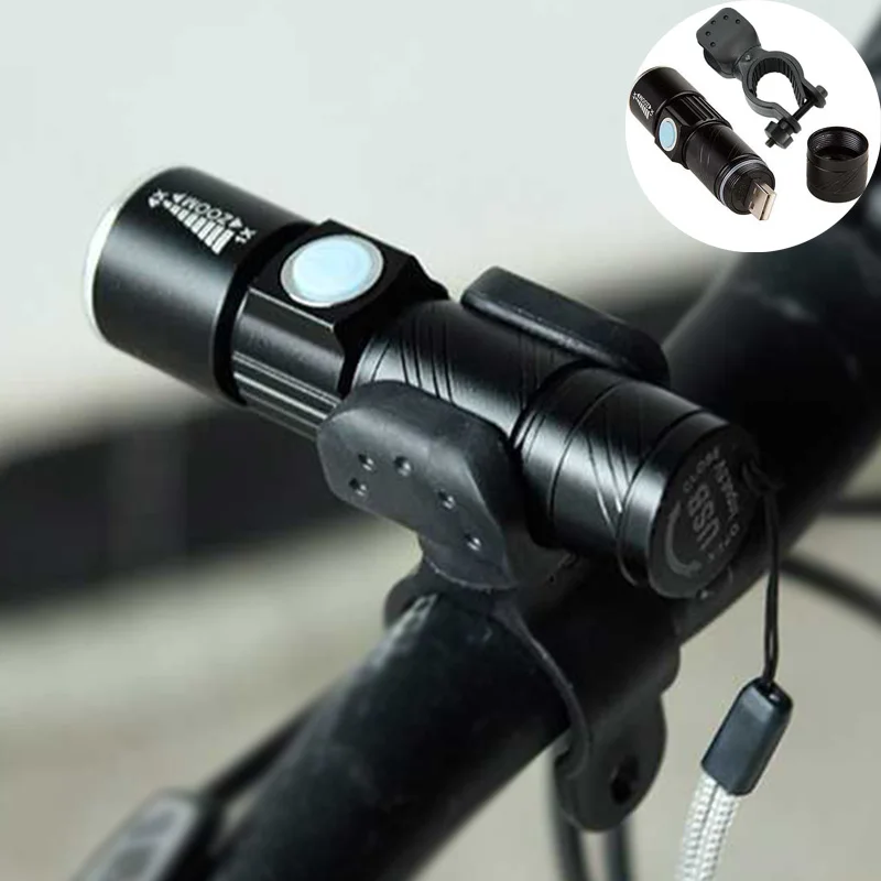 Vstavanú Batériu, LED Baterka USB Nabíjateľné Nastaviteľné Zaostrenie 3 Režimy Lanterna Zoomovateľnom LED Baterkou Svetlo na Bicykel + Požičovňa Klip