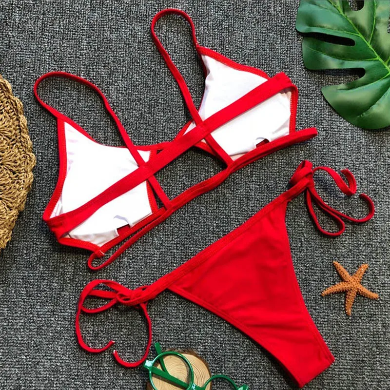 Vyprázdnené Červená Sexy Bikiny Nastaviť Ženy String Plavky Push Up Plavky 2021 Viazaná Remeň Brazílske Bikiny, Plavky Plávať Nosenie
