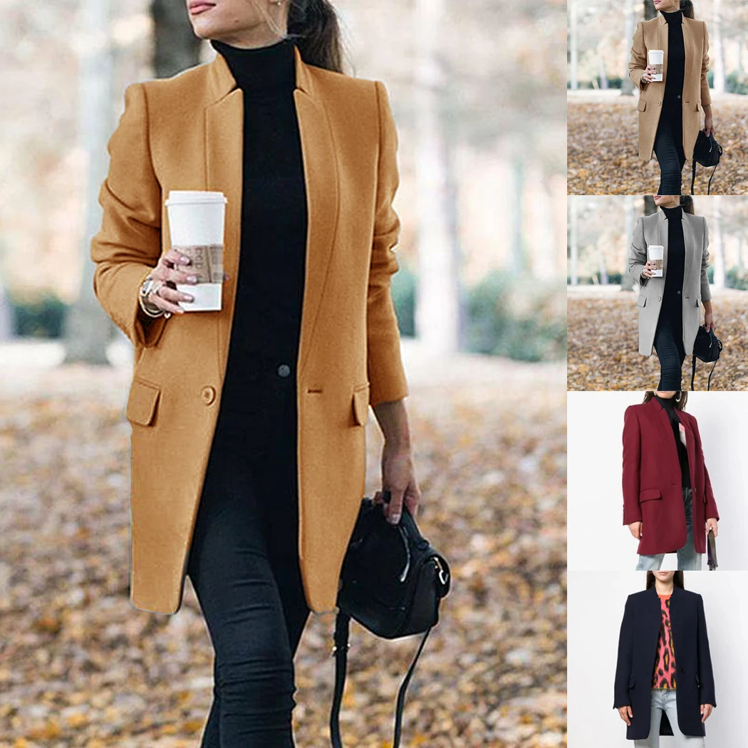 Vysoká kvalita, Dvojité vlnené kabát 2020 Jar Ženy Móda Stojan Golier Coats Dlho Vlnené Kabát Office Dámy Plus veľkosť Bunda Top