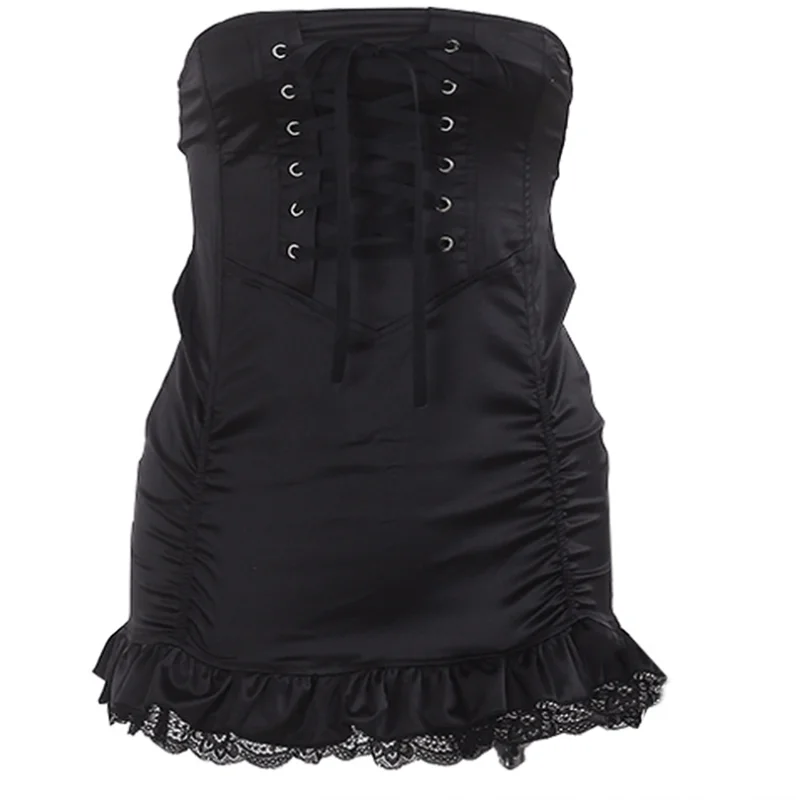 Vysoký Pás Čipky Obväz Úzke Sukne Volánikmi Čipky Ruched Ženy Ceruzku Sukne Solid Black Elegantný Mini Sukne