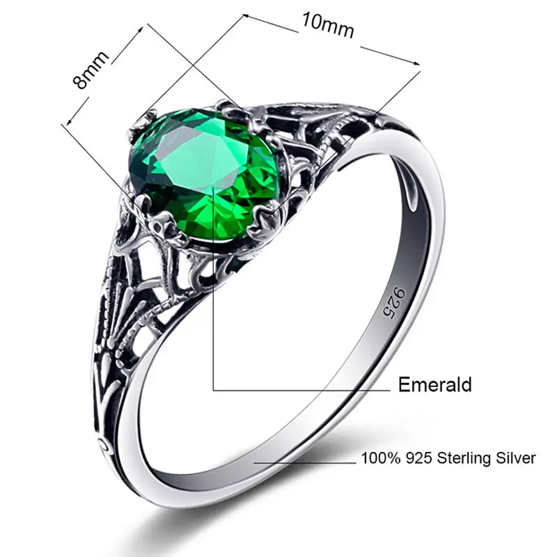 Vytvorili Emerald Kamenný Kruh Koktail Skutočné Čisté Pevné 925 Sterling Silver Zásnubný Prsteň Pre Ženy Vintage Strany Šperky