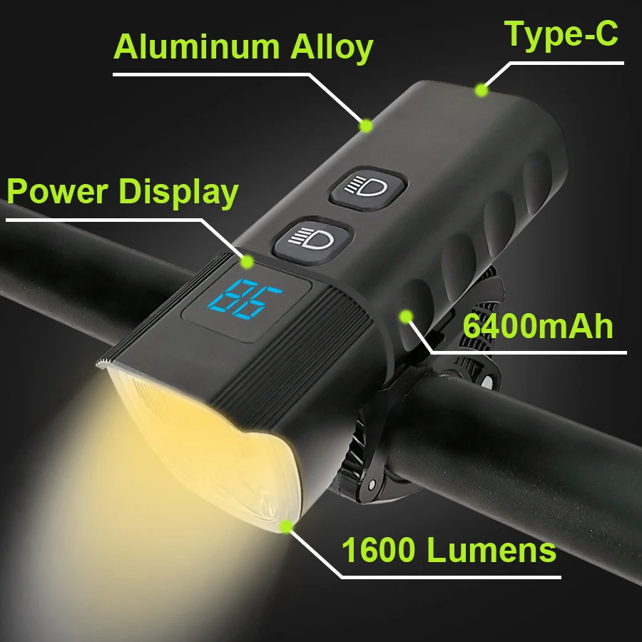 Výkonné LED Požičovňa Svetlometu 6400mAh Svetlo na Bicykel, USB Typ-C Rýchle Nabitie 1600 Lumen MTB Predné Lampy Hliníková Baterka Na Bicykli