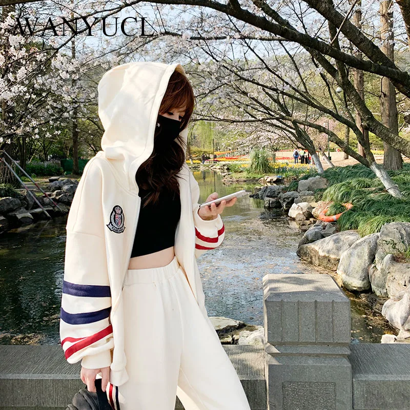WANYUCL športové vyhovovali ženy jeseň a v zime kórejský prekladané biela bunda s kapucňou voľné bežné nohavice dvoch-dielny oblek