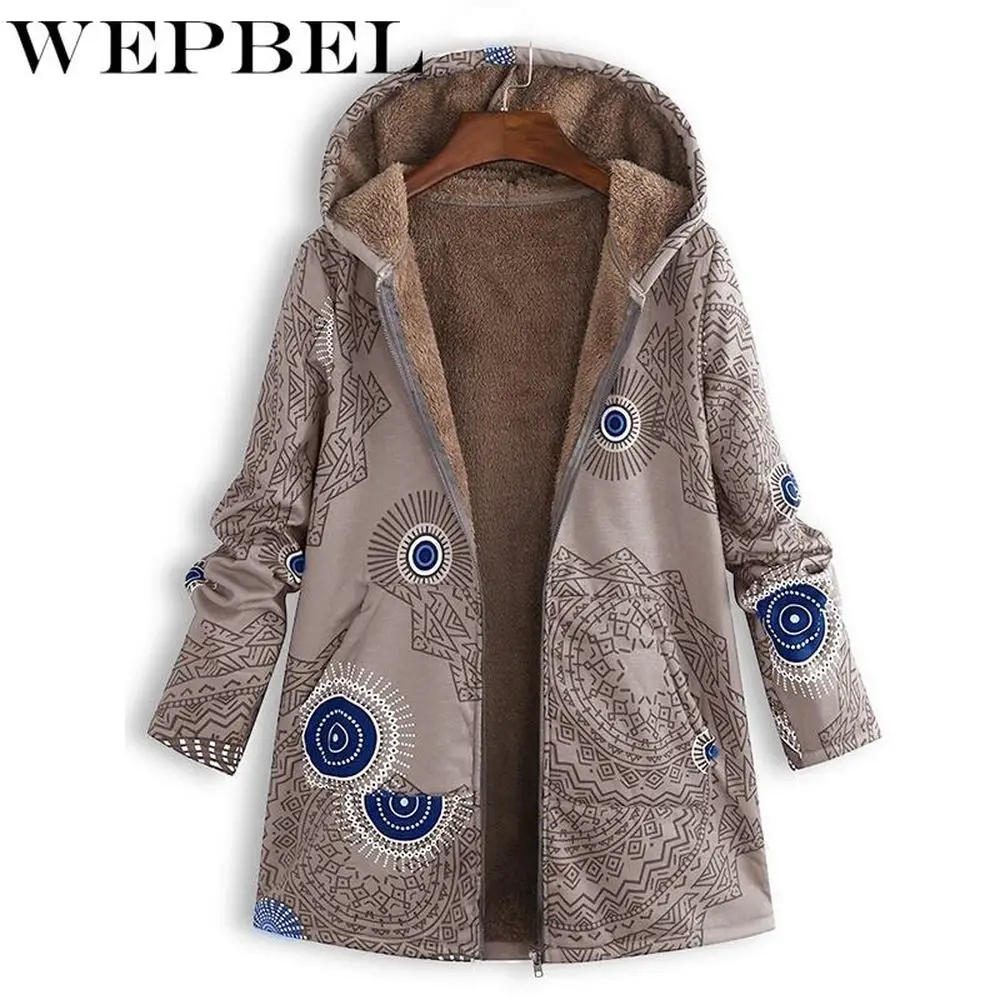 WEPBEL Zimné Kabáty Ženy vetrovka Dámske Zimné Teplé Outwear Etnickej Tlače Kapucňou Vrecká Vintage Nadrozmerná Coats Plus Veľkosť S-5XL