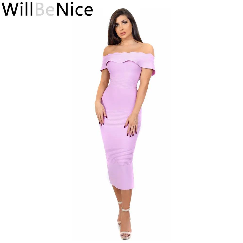 WillBeNice Svetlo Fialová 2019 Nové Módy Sexy Ženy Mimo Ramenný Zimné Bodycon Celebrity Midi Lacné Obväz Šaty Plus Veľkosť XL