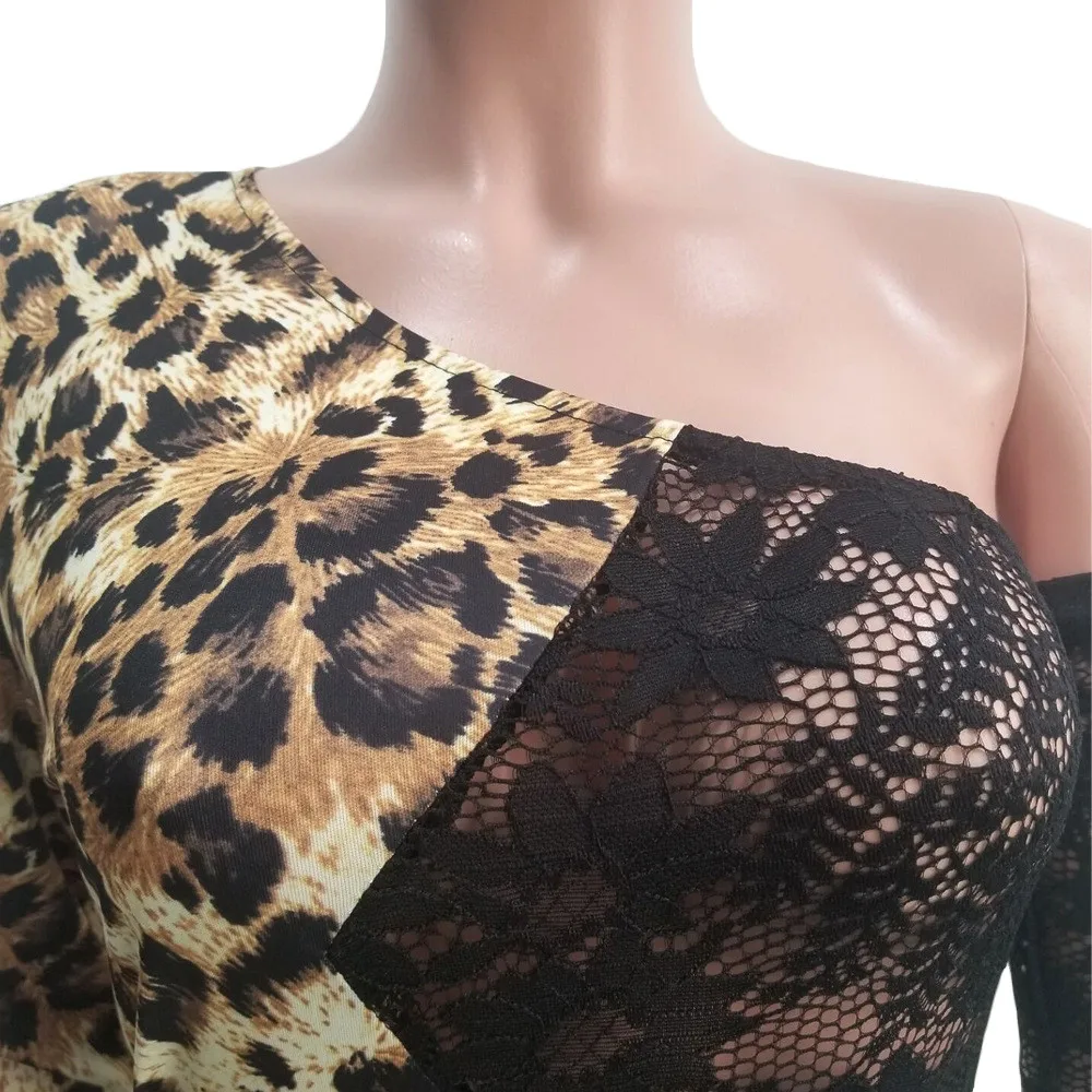 Wjustforu Sexy Patchwork Čipky Jumpsuit Ženy Mimo Ramenný Leopard Tlač Klub Kombinézu Bodycon Elegantné Ceruzka Trakmi Vestidos