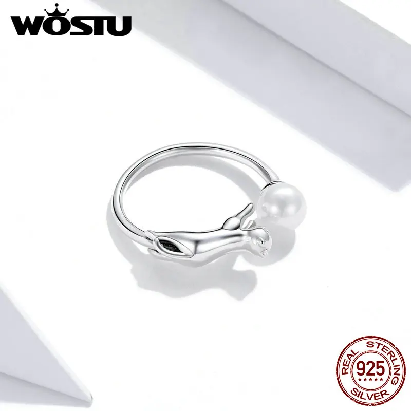 WOSTU 925 Sterling Silver Cute Cat Krúžok Shell Perličiek Nastaviteľná Veľkosť Prstene Pre Ženy Originálny Dizajn Prsty Šperky CQR683