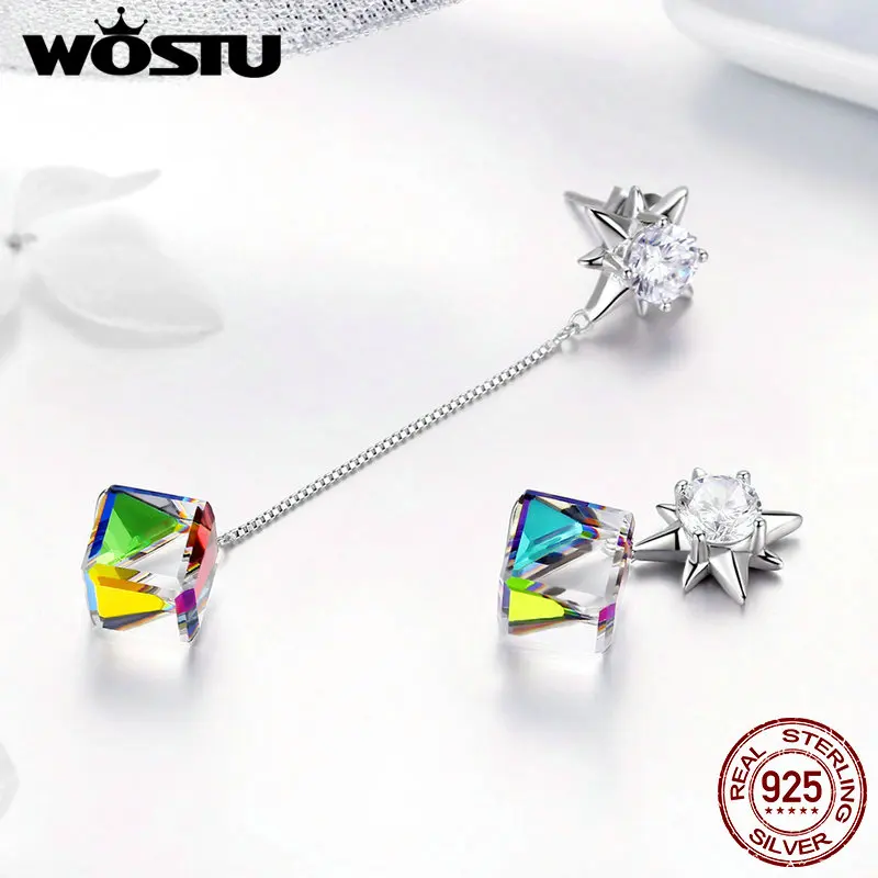WOSTU kórejský Módne 925 Sterling Silver Žiarivý Kryštál Dlhé Náušnice Kvapka Pre Ženy, Svadobné Rainbow Luxusné Šperky CQE545