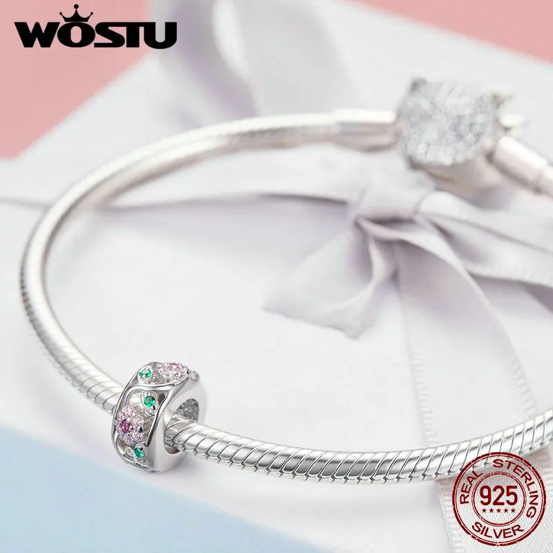 WOSTU Reálne 925 Sterling Silver Kvet Pôvodné Korálky Zirkón Charms Fit Náramok Pre Ženy, Luxusné Svadobné Rainbow Šperky DAC039