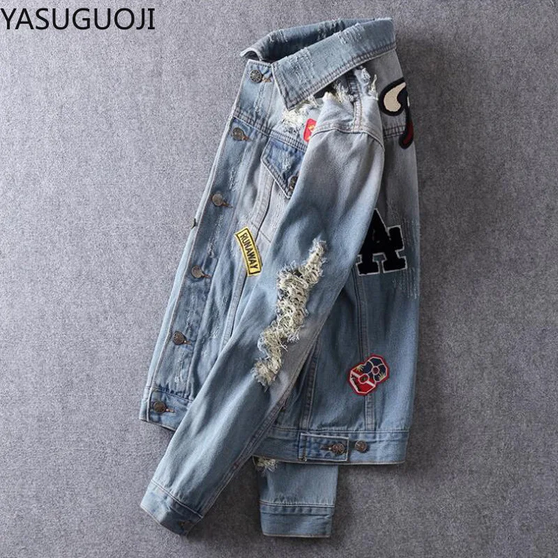 YASUGUOJI Nové 2020 Jar Punk Jeans Bunda Mužov Vintage Retro Otvor Škvrny Hip Hop Džínsové Bundy pre Mužov Zničené Roztrhlo Coats