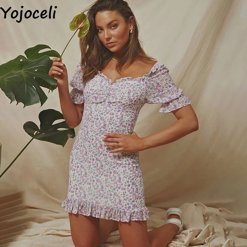 Yojoceli Kvetinový námestie krku vintage šaty žien Lete prehrabať krátke plážové oblečenie Casual sexy sladké mini šaty vestidos