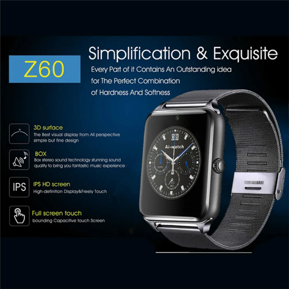 Z60 Smart Hodinky Plus Hodiny Krokomer Kovový Remienok Bluetooth Zápästie Smartwatch Podporu SIM TF Karta pre Android IOS PK S8 IWO 8