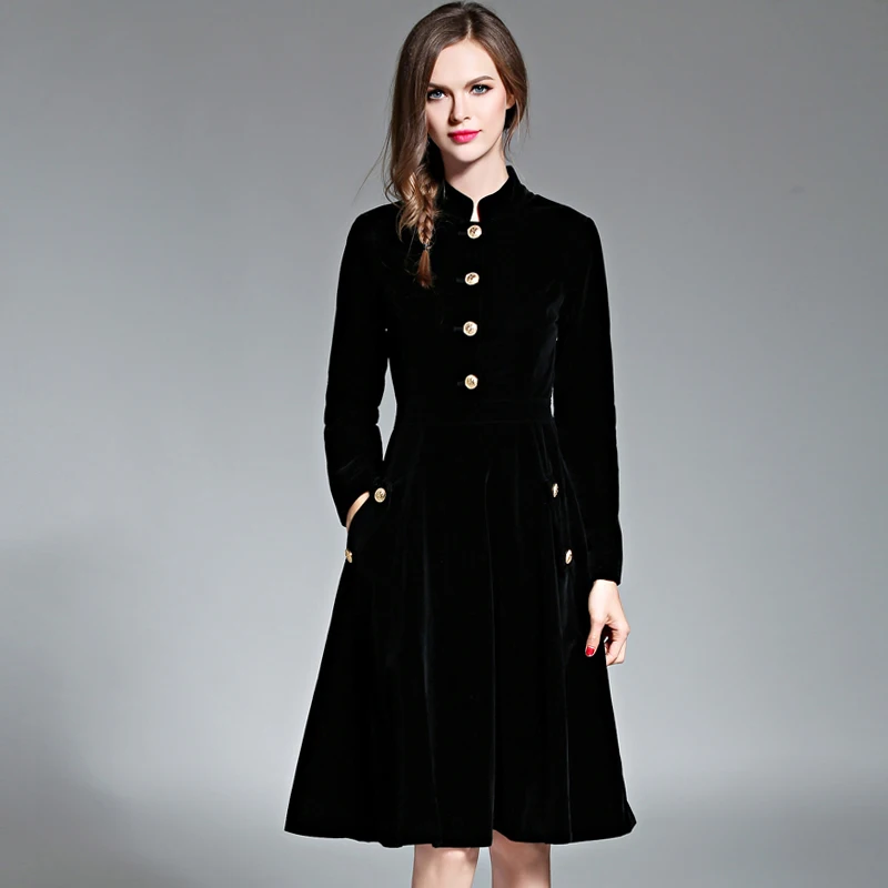 Zarachiel Elegantné Čierne Zamatové Šaty Zimné Šaty Žien 2019 Vestido Vintage Dlhý Rukáv Dámske A-Line Šaty Tunique Femme